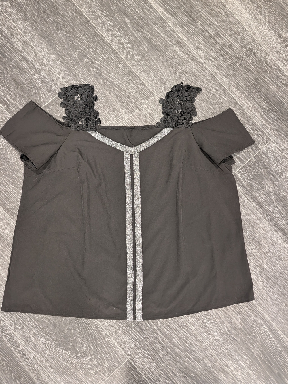 SHEIN Black Off-Shoulder Tank with Lace Straps and Silver Trim
